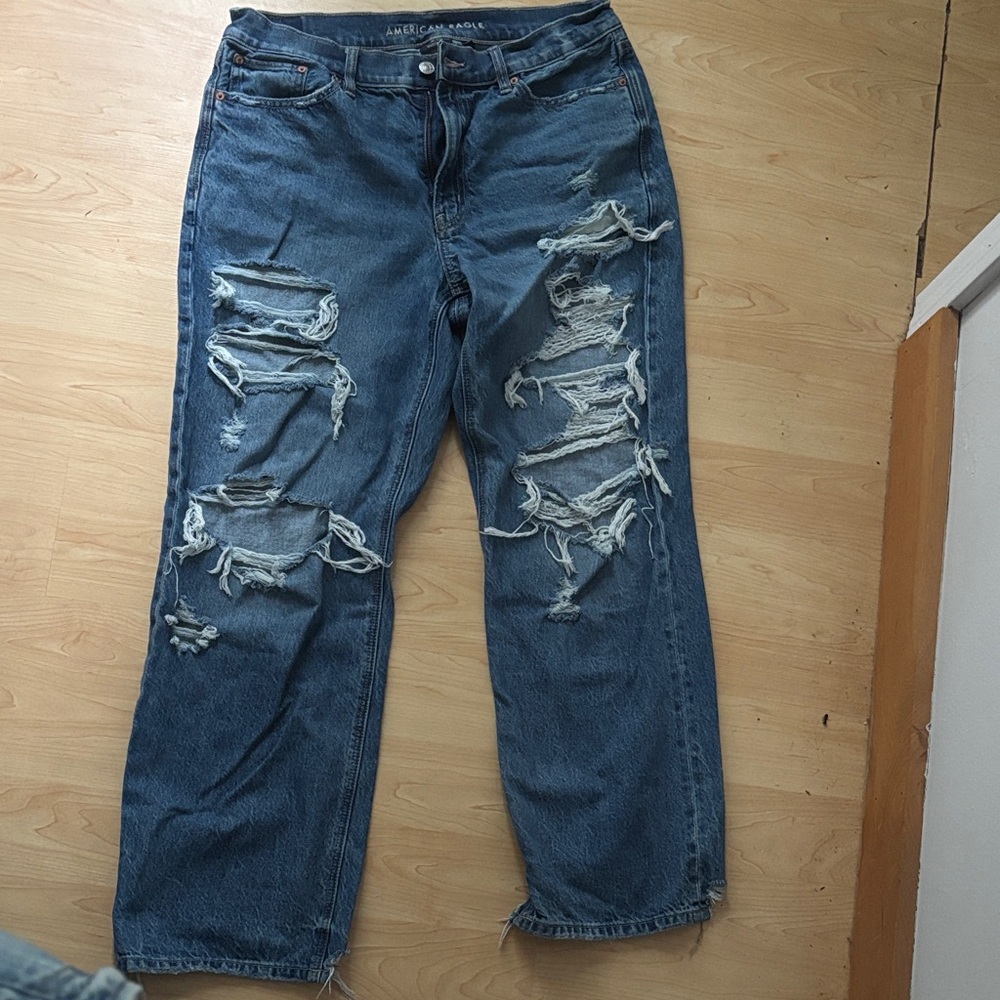 American Eagle Outfitters Blue Distressed Wide Leg Jeans